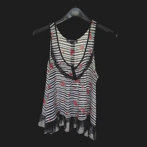 Y2K Living Doll Los Angeles Floral Striped Ruffle Tank Top Sheer Babydoll Large